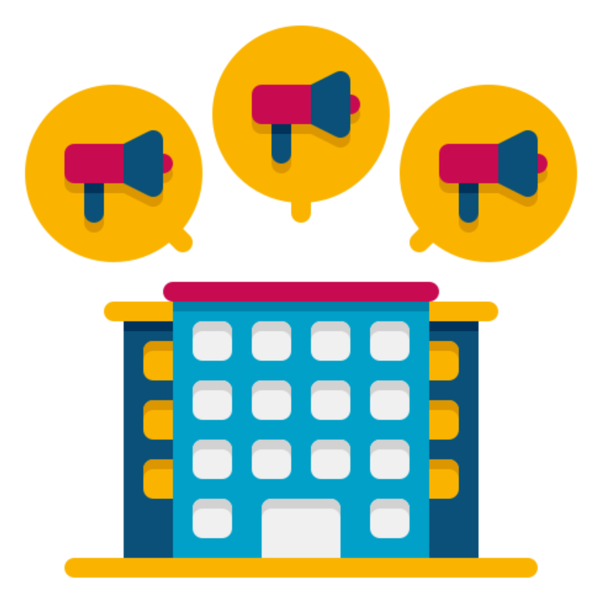 Icon of a business building with loudspeaker bubbles representing digital marketing strategy .