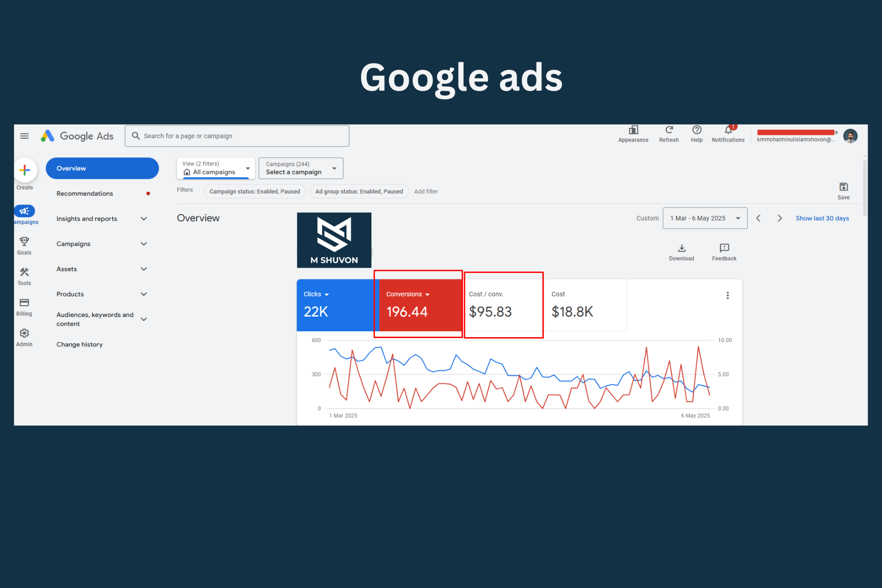 M Shuvon Portfolio: Google Ads Overview Dashboard highlighting positive campaign performance with 22K Clicks, 196.44 Conversions, and an efficient Cost / conv. of $95.83.